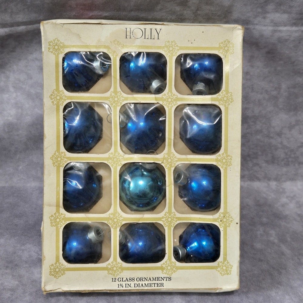Vintage Holly Shiny Blue Glass Christmas Ornaments Box 1 3/4" READ
